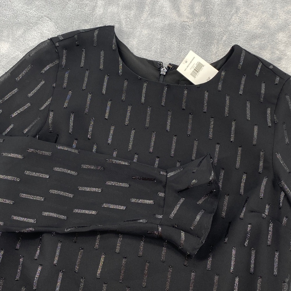 Banana Republic Black Metallic Clip‎ Dot Shift Dress L/Sleeve Flounce Cuff SZ 0P